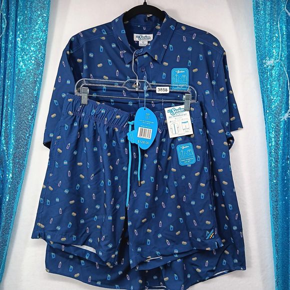 NWT Mr. Swim 2pc Set Mens Swimwear Shorts & Shirt SZ L $128 Summer BBQ Navy Neon